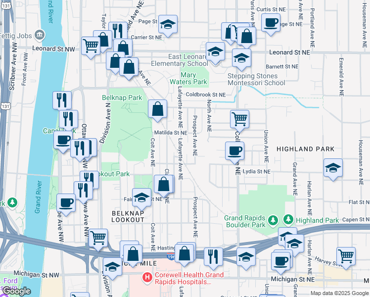 map of restaurants, bars, coffee shops, grocery stores, and more near 832 Lafayette Avenue Northeast in Grand Rapids