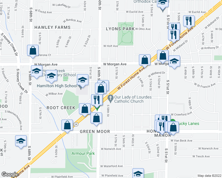 map of restaurants, bars, coffee shops, grocery stores, and more near 5724 West Forest Home Avenue in Milwaukee