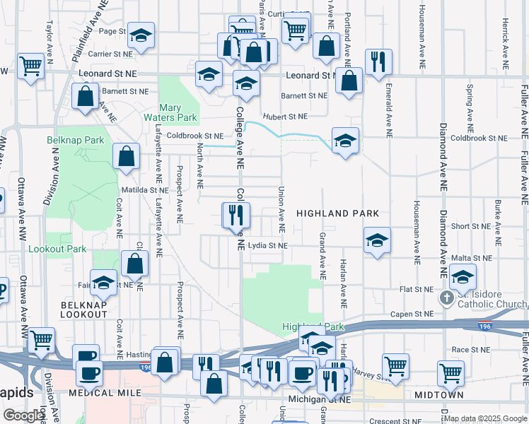 map of restaurants, bars, coffee shops, grocery stores, and more near 533 Hopson Street Northeast in Grand Rapids
