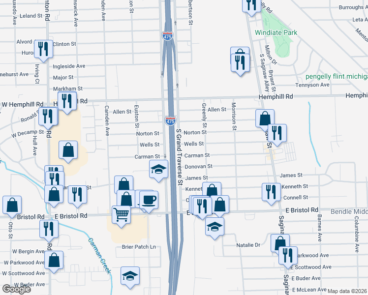 map of restaurants, bars, coffee shops, grocery stores, and more near 1331 Carman Street in Burton