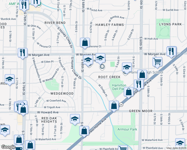 map of restaurants, bars, coffee shops, grocery stores, and more near 6614 West Dodge Place in Milwaukee