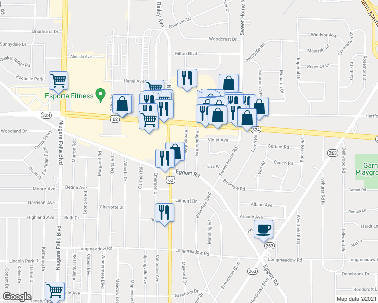 map of restaurants, bars, coffee shops, grocery stores, and more near 31 Alcona Avenue in Buffalo
