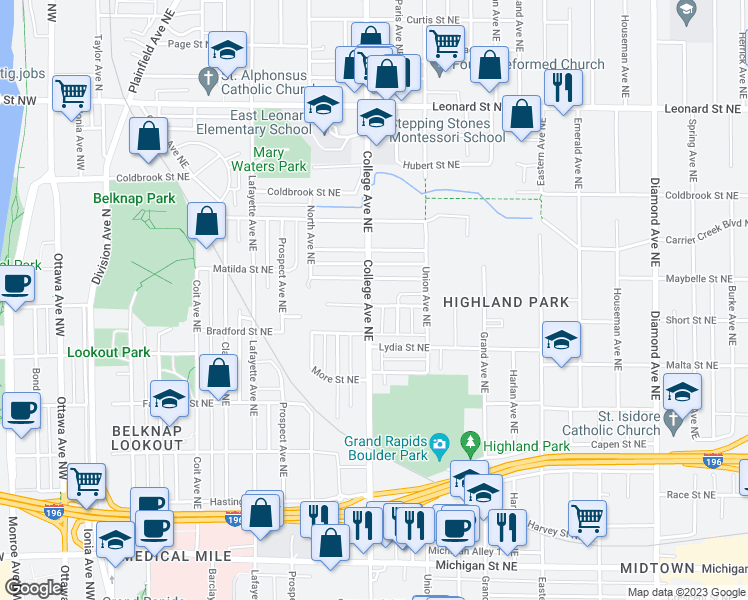 map of restaurants, bars, coffee shops, grocery stores, and more near 836 College Avenue Northeast in Grand Rapids