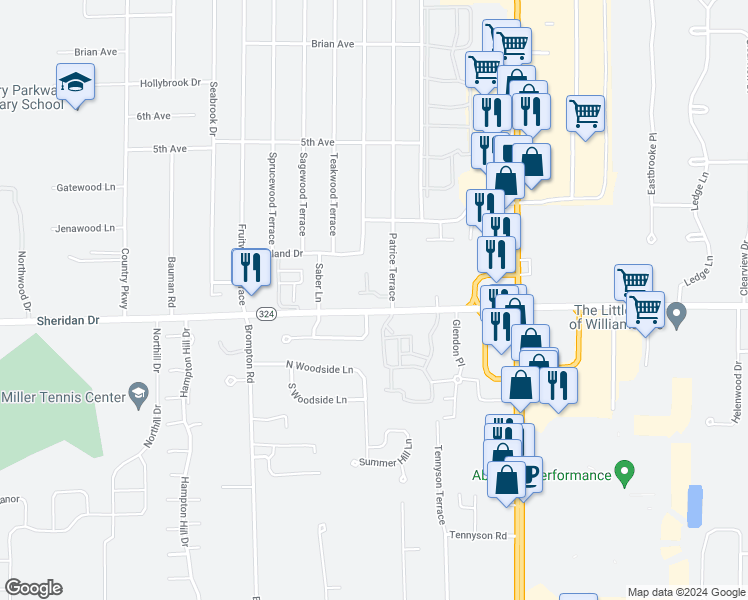 map of restaurants, bars, coffee shops, grocery stores, and more near 1 Cambridge Square in Buffalo