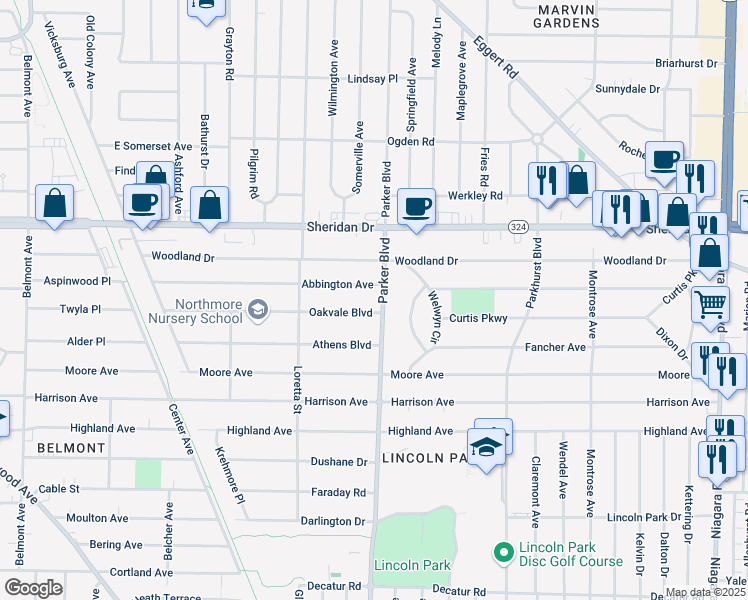 map of restaurants, bars, coffee shops, grocery stores, and more near 383 Oakvale Boulevard in Buffalo