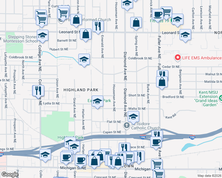 map of restaurants, bars, coffee shops, grocery stores, and more near 875 Houseman Avenue Northeast in Grand Rapids