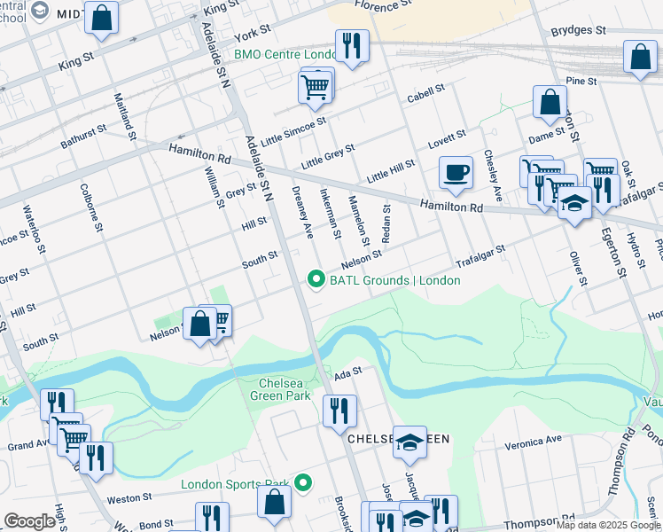 map of restaurants, bars, coffee shops, grocery stores, and more near 658 Nelson Street in London