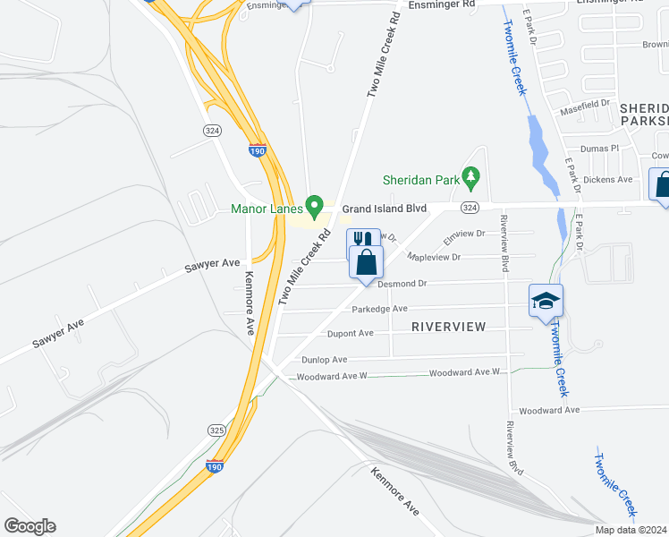 map of restaurants, bars, coffee shops, grocery stores, and more near 49 Oakview Drive in Tonawanda