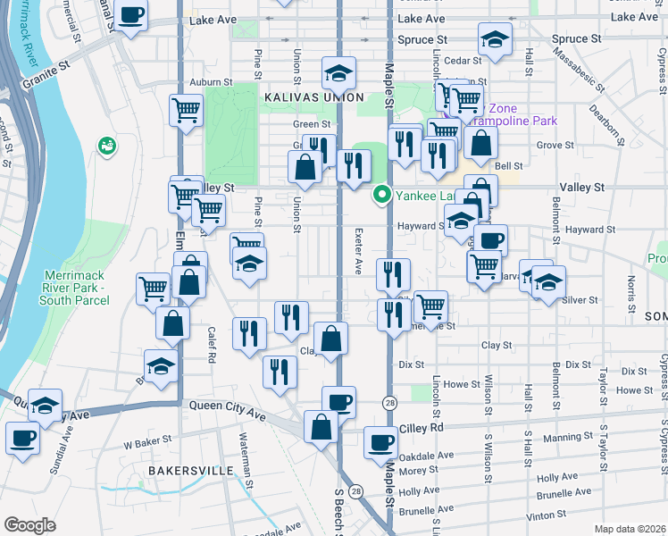 map of restaurants, bars, coffee shops, grocery stores, and more near 150 Beech Street in Manchester