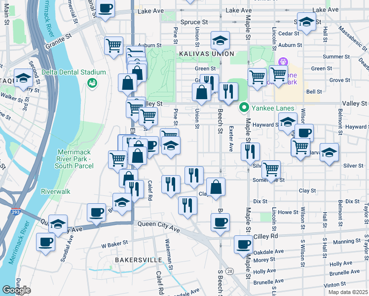 map of restaurants, bars, coffee shops, grocery stores, and more near 160 Silver Street in Manchester