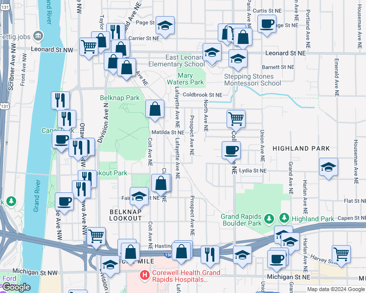 map of restaurants, bars, coffee shops, grocery stores, and more near 832 Lafayette Avenue Northeast in Grand Rapids