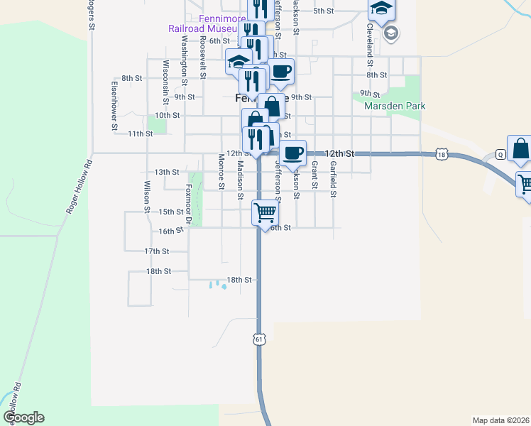 map of restaurants, bars, coffee shops, grocery stores, and more near 1580 16th Street in Fennimore