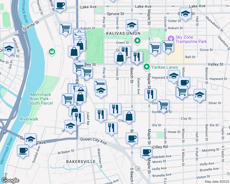 map of restaurants, bars, coffee shops, grocery stores, and more near 160 Silver Street in Manchester