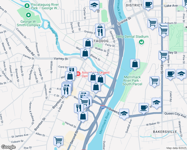 map of restaurants, bars, coffee shops, grocery stores, and more near 5B Colby Street in Manchester