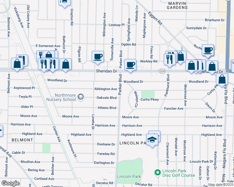 map of restaurants, bars, coffee shops, grocery stores, and more near 383 Oakvale Boulevard in Buffalo