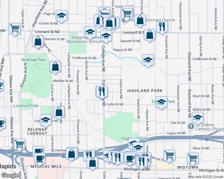 map of restaurants, bars, coffee shops, grocery stores, and more near 835 Paris Avenue Northeast in Grand Rapids