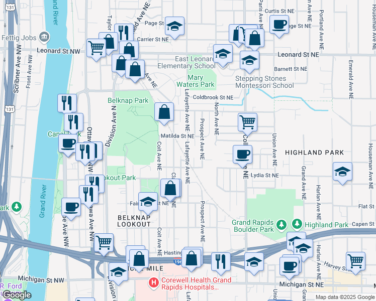 map of restaurants, bars, coffee shops, grocery stores, and more near 823 Lafayette Avenue Northeast in Grand Rapids