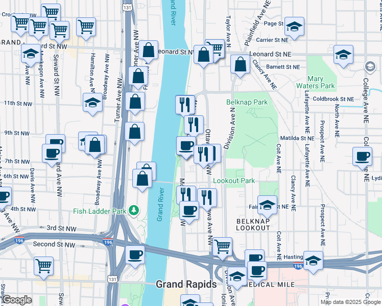 map of restaurants, bars, coffee shops, grocery stores, and more near 820 Monroe Avenue Northwest in Grand Rapids