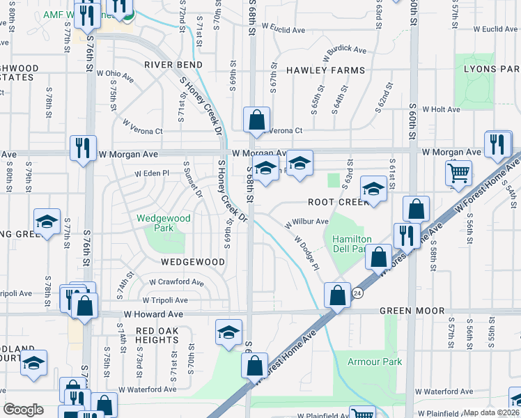 map of restaurants, bars, coffee shops, grocery stores, and more near 3656 South 68th Street in Milwaukee