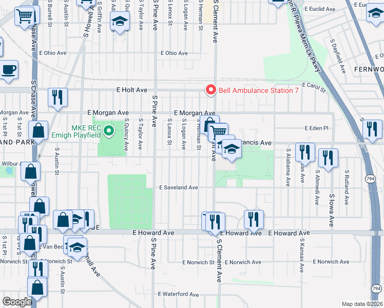 map of restaurants, bars, coffee shops, grocery stores, and more near 3652 South Logan Avenue in Milwaukee