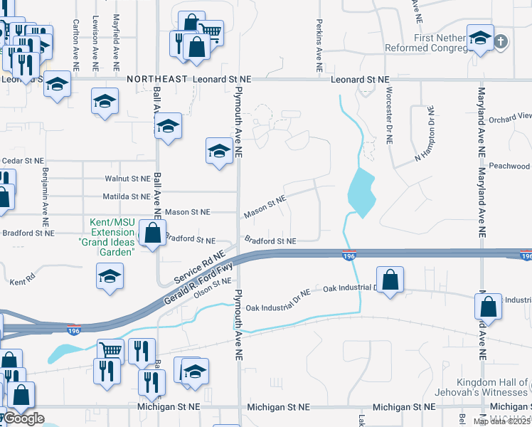 map of restaurants, bars, coffee shops, grocery stores, and more near 1836 Mason Street Northeast in Grand Rapids