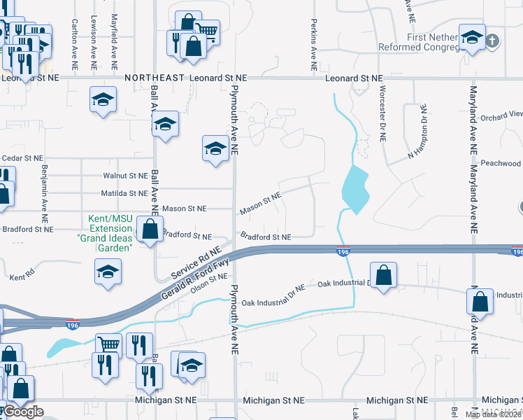 map of restaurants, bars, coffee shops, grocery stores, and more near 1836 Mason Street Northeast in Grand Rapids