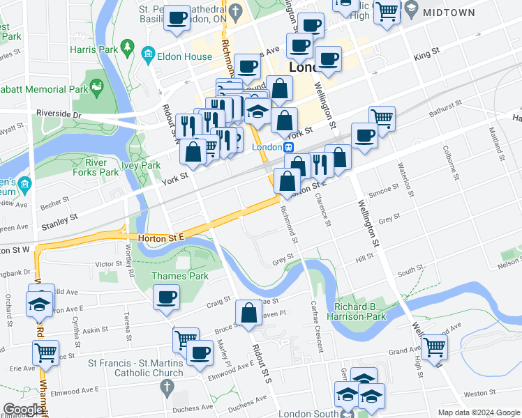 map of restaurants, bars, coffee shops, grocery stores, and more near 3 Horton Street East in London