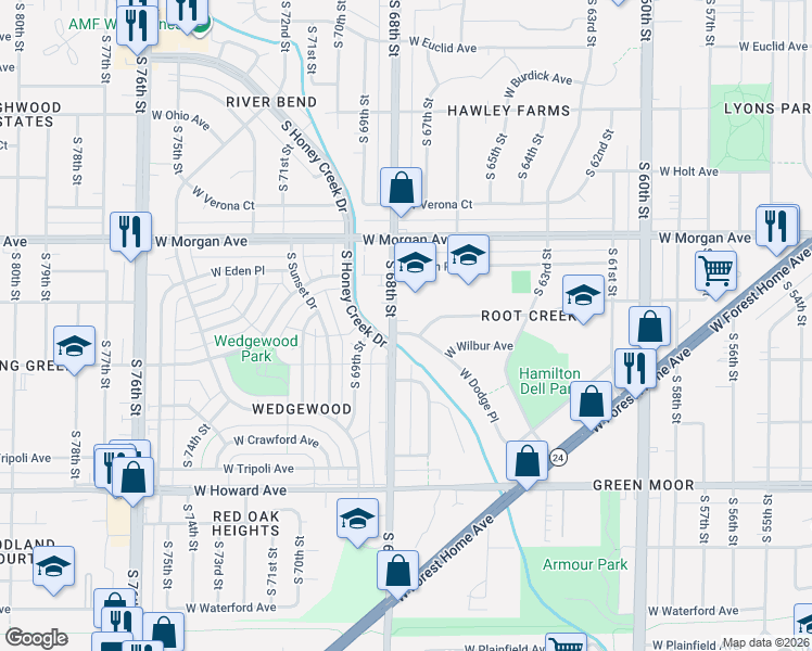 map of restaurants, bars, coffee shops, grocery stores, and more near 3656 South 68th Street in Milwaukee