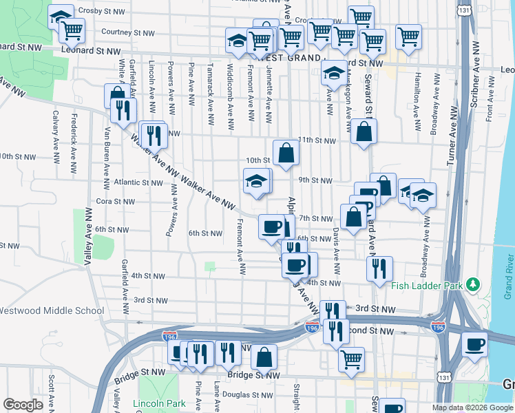 map of restaurants, bars, coffee shops, grocery stores, and more near 748 Fremont Avenue Northwest in Grand Rapids
