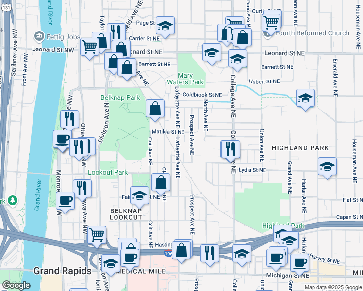 map of restaurants, bars, coffee shops, grocery stores, and more near 834 Lafayette Avenue Northeast in Grand Rapids