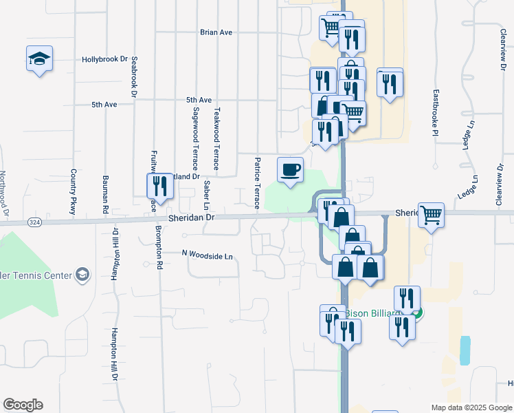 map of restaurants, bars, coffee shops, grocery stores, and more near Patrice Terrace & Cambridge Square in Buffalo