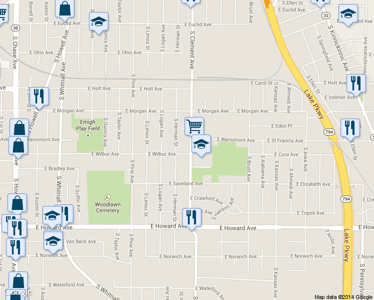 map of restaurants, bars, coffee shops, grocery stores, and more near 3631 South Clement Avenue in Milwaukee