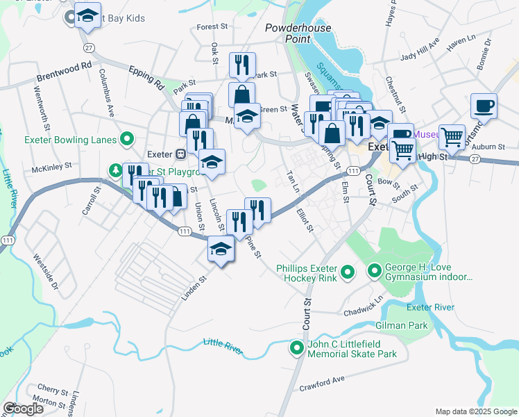 map of restaurants, bars, coffee shops, grocery stores, and more near 87 Front Street in Exeter