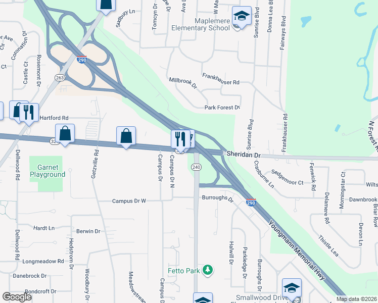 map of restaurants, bars, coffee shops, grocery stores, and more near 4019 Sheridan Drive in Buffalo