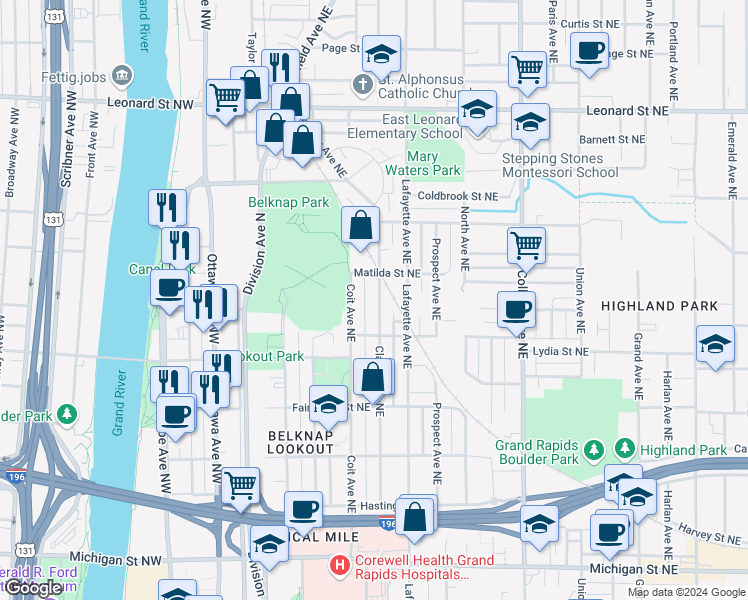 map of restaurants, bars, coffee shops, grocery stores, and more near 837 Clancy Avenue Northeast in Grand Rapids