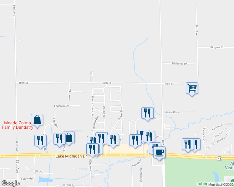 map of restaurants, bars, coffee shops, grocery stores, and more near 5048 Squaw Valley Lane in Allendale Charter Township