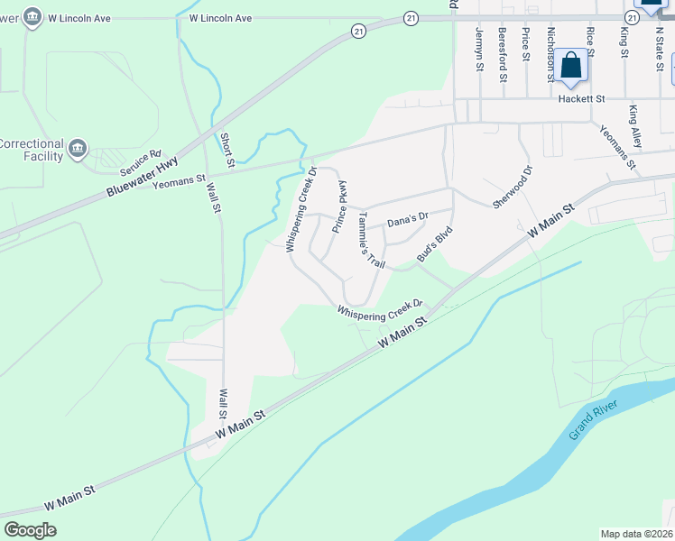 map of restaurants, bars, coffee shops, grocery stores, and more near 214 Whispering Creek Drive in Ionia