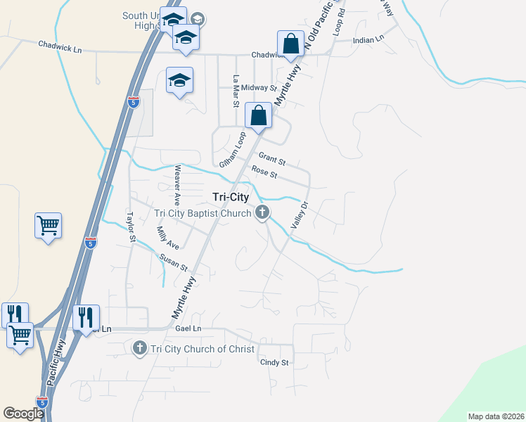 map of restaurants, bars, coffee shops, grocery stores, and more near 157 Crest Drive in Myrtle Creek