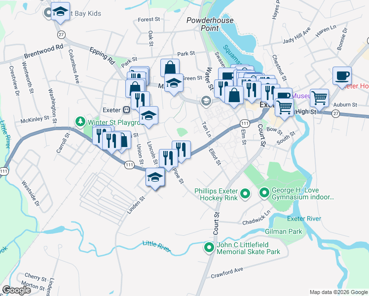 map of restaurants, bars, coffee shops, grocery stores, and more near 80 Front Street in Exeter