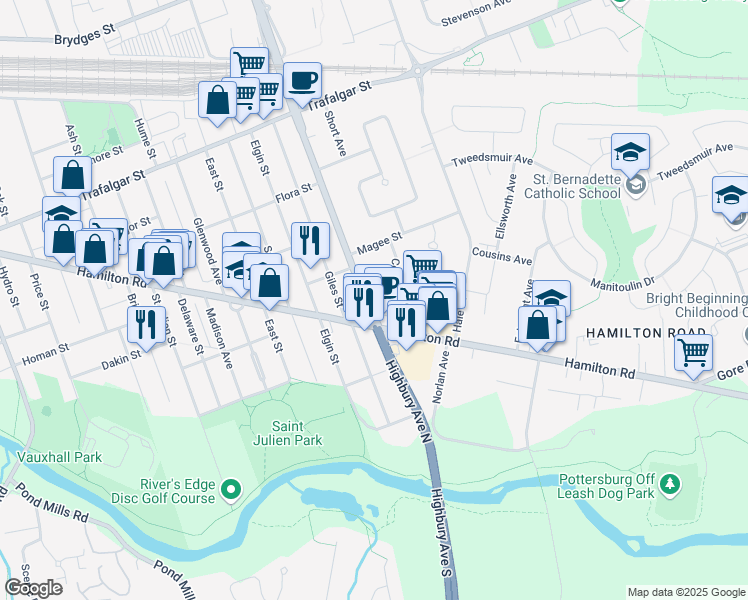 map of restaurants, bars, coffee shops, grocery stores, and more near 122 Highbury Avenue North in London