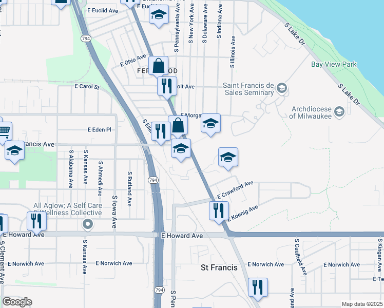 map of restaurants, bars, coffee shops, grocery stores, and more near 3627 S Kinnickinnic Ave in St Francis
