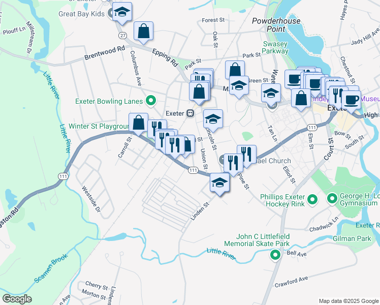map of restaurants, bars, coffee shops, grocery stores, and more near 129 Front Street in Exeter