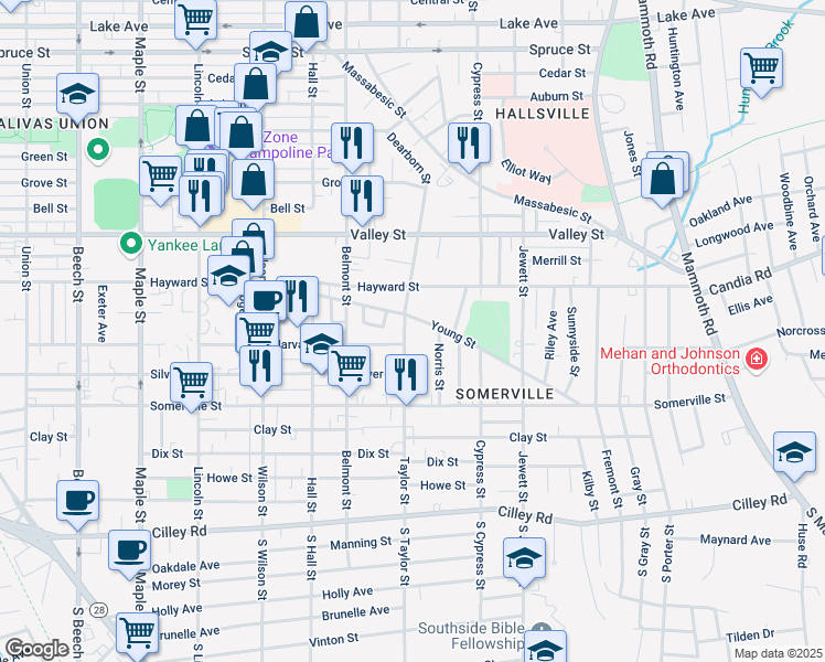 map of restaurants, bars, coffee shops, grocery stores, and more near 90 Norris Street in Manchester