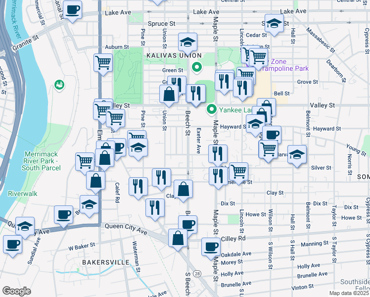 map of restaurants, bars, coffee shops, grocery stores, and more near 150 Beech Street in Manchester