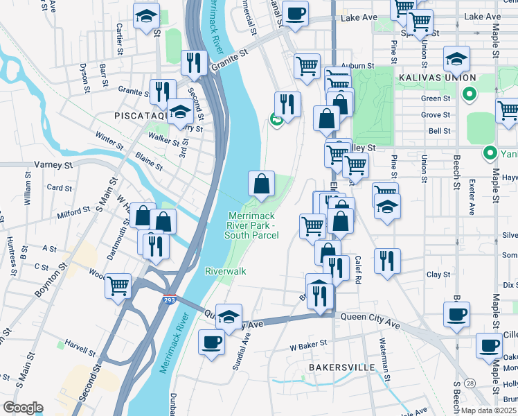 map of restaurants, bars, coffee shops, grocery stores, and more near 80 Riverwalk Way in Manchester