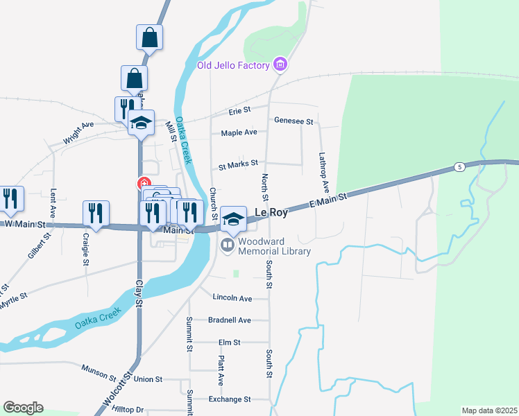 map of restaurants, bars, coffee shops, grocery stores, and more near 27 East Main Street in Le Roy