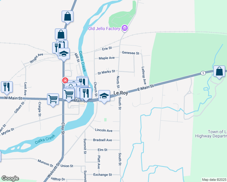 map of restaurants, bars, coffee shops, grocery stores, and more near 27 East Main Street in Le Roy