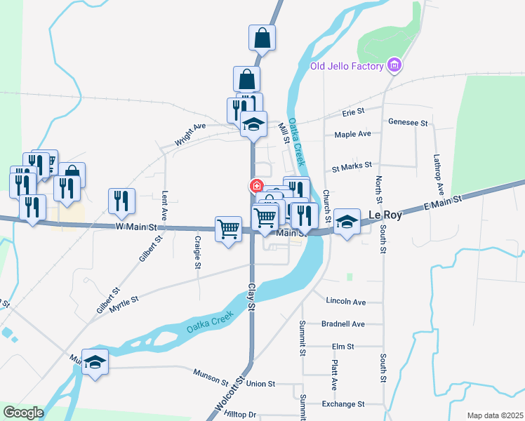 map of restaurants, bars, coffee shops, grocery stores, and more near 48 Main Street in Le Roy