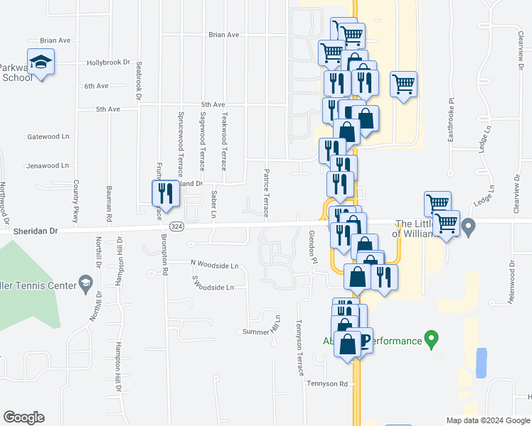 map of restaurants, bars, coffee shops, grocery stores, and more near 6215 Sheridan Drive in Buffalo
