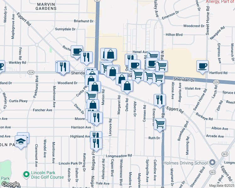 map of restaurants, bars, coffee shops, grocery stores, and more near 199 Leonore Road in Buffalo